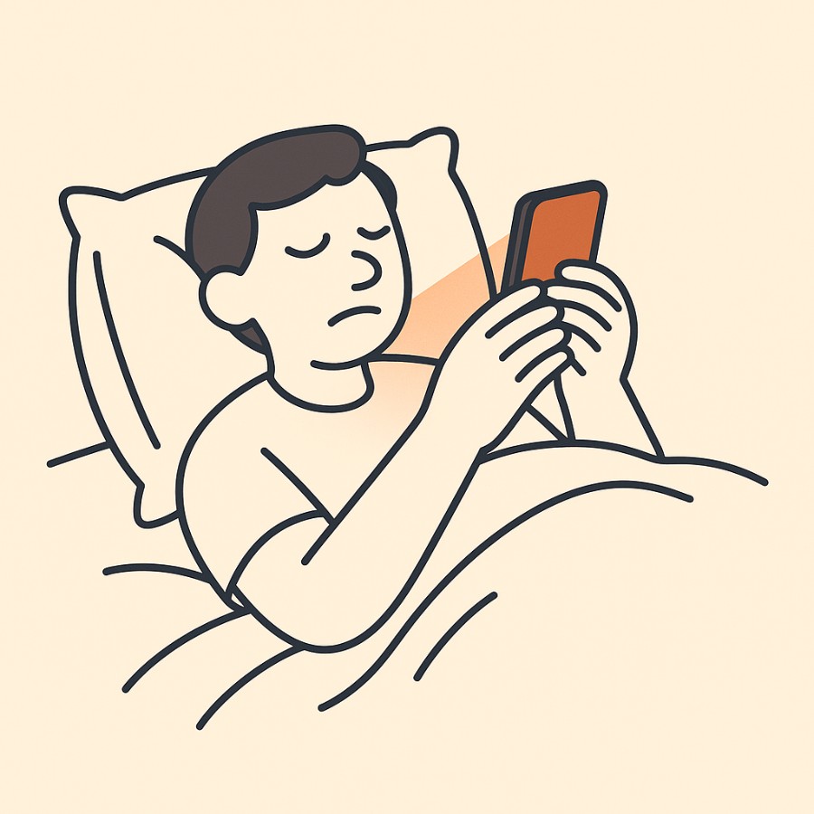 Someone lying in bed at night, lit by the phone they are still scrolling.