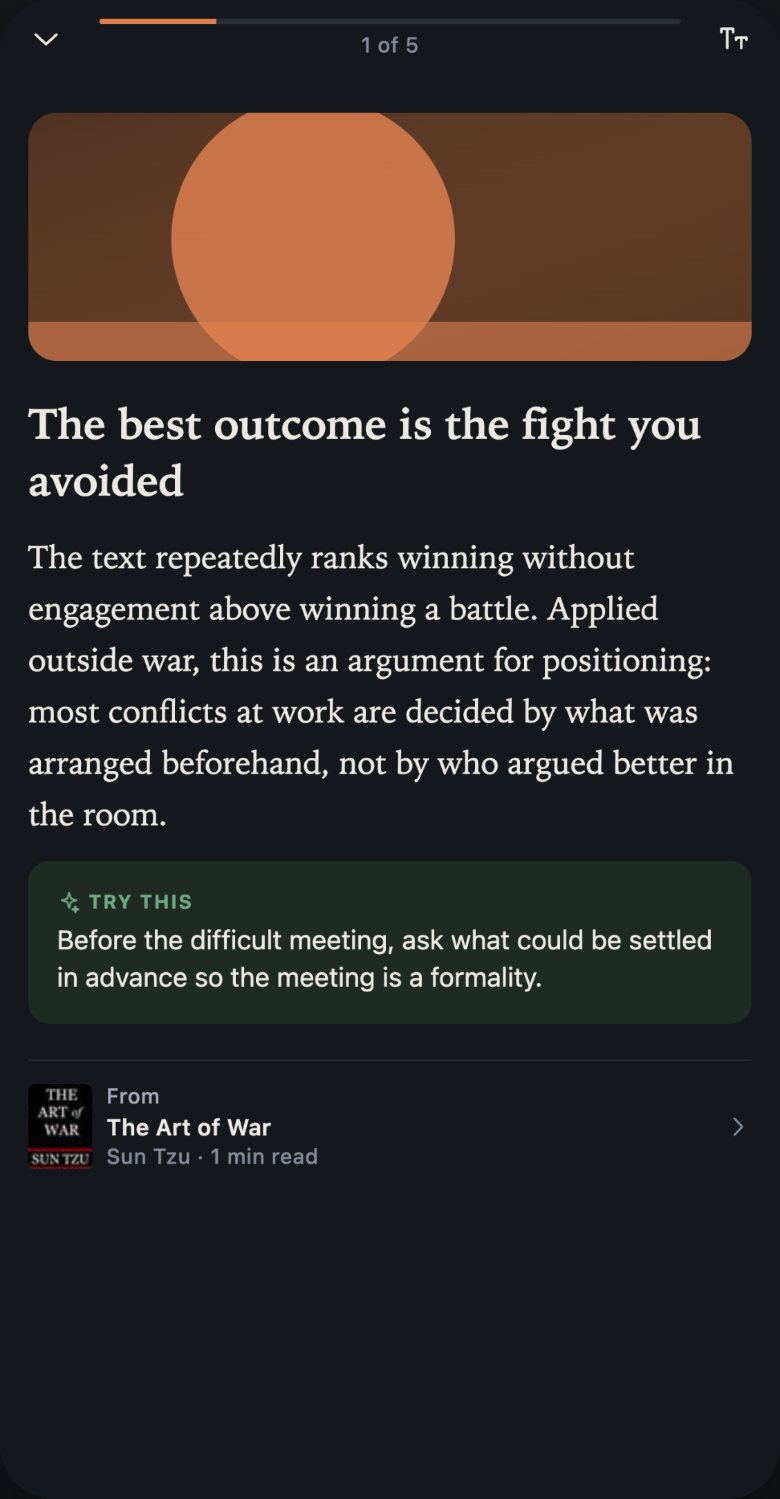 An idea card open in the reader, with its argument, a “Try this” suggestion, and the book it came from.