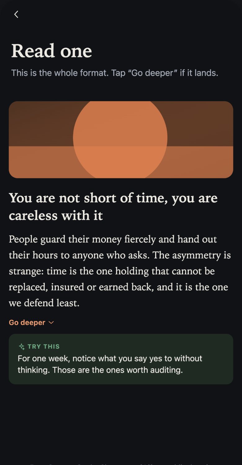 A single idea card shown end to end — the whole format on one screen, with its source named underneath.